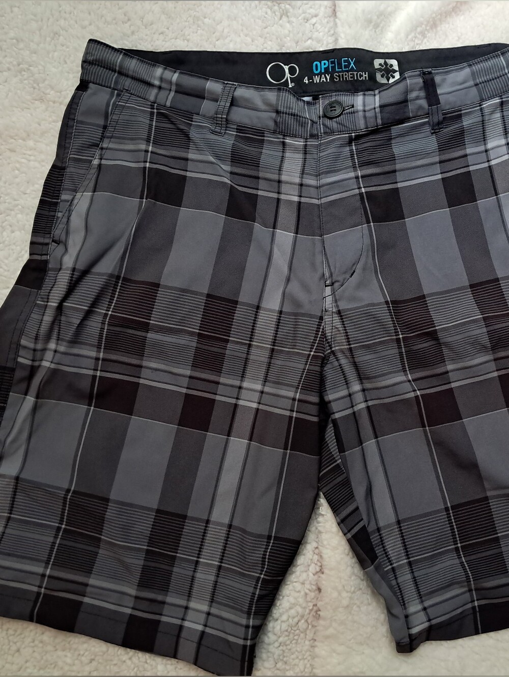 OP Men’s Gray and Black Plaid Board Shorts
